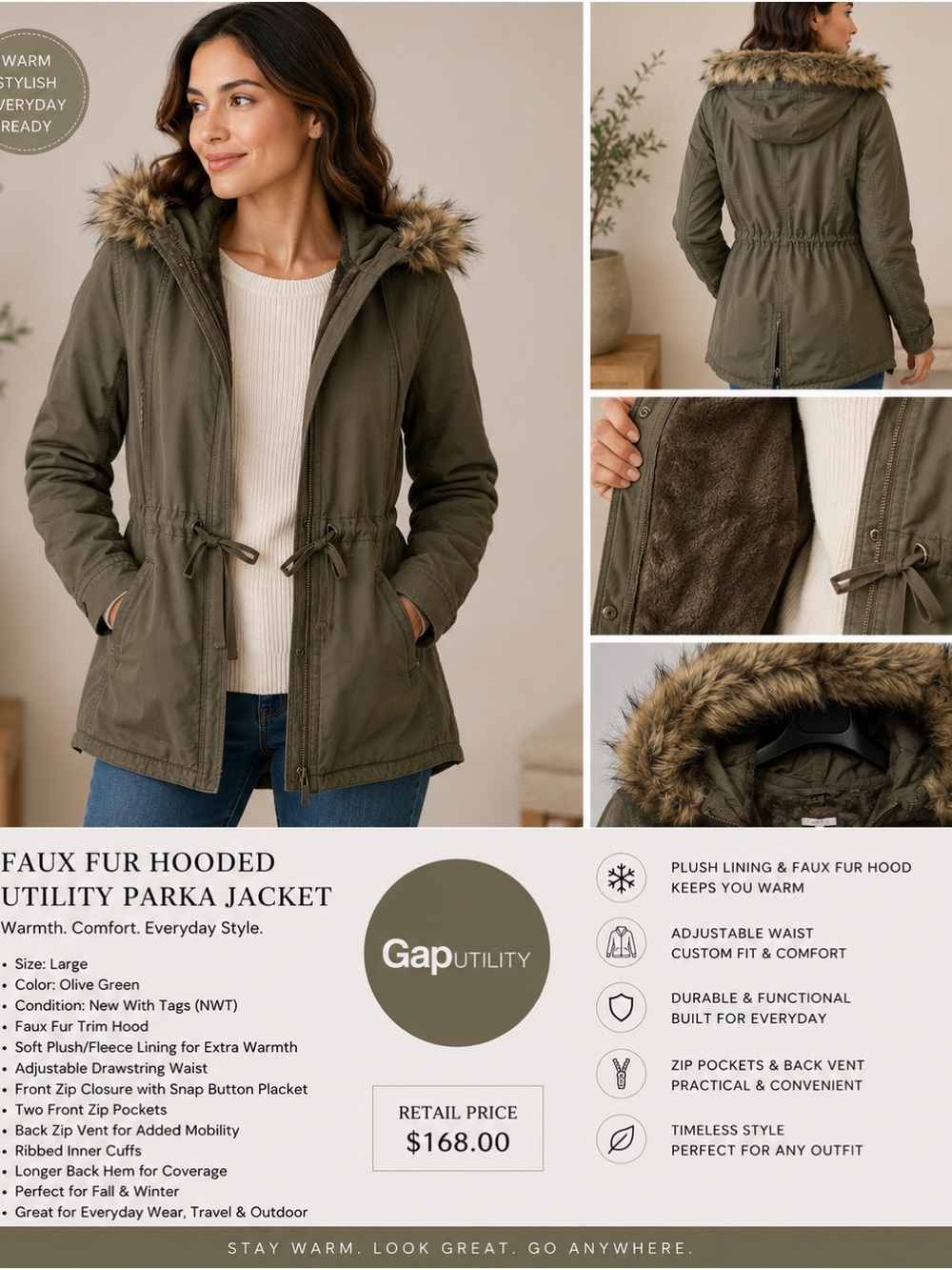 Gap Utility Women’s Faux Fur Hooded Olive Green Parka Jacket – Size Large – NWT